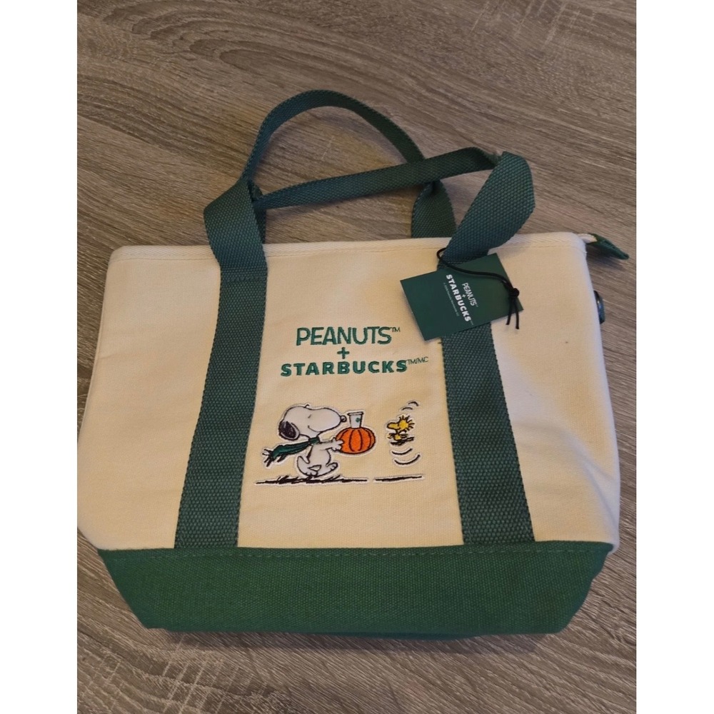 Starbucks Peanuts Snoopy Woodstock Canvas Tote Bag Green Cream Pumpkin NWT